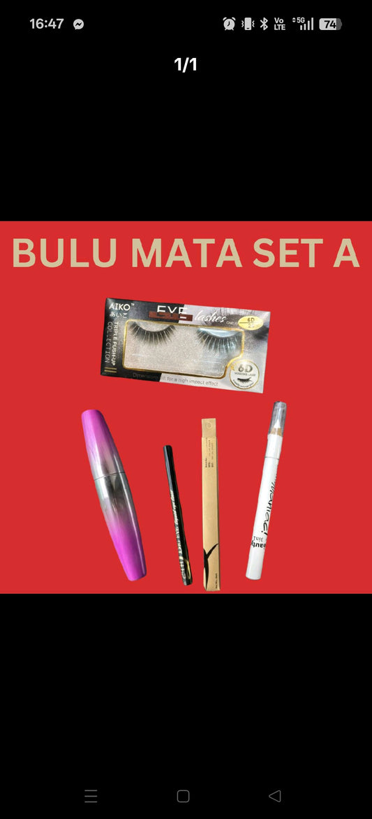 COMBO SET BULU MATA SET A (FAKE EYELASH+ WHITE EYELINER+ MASCARA + BLACK LIQUID EYELINER)
